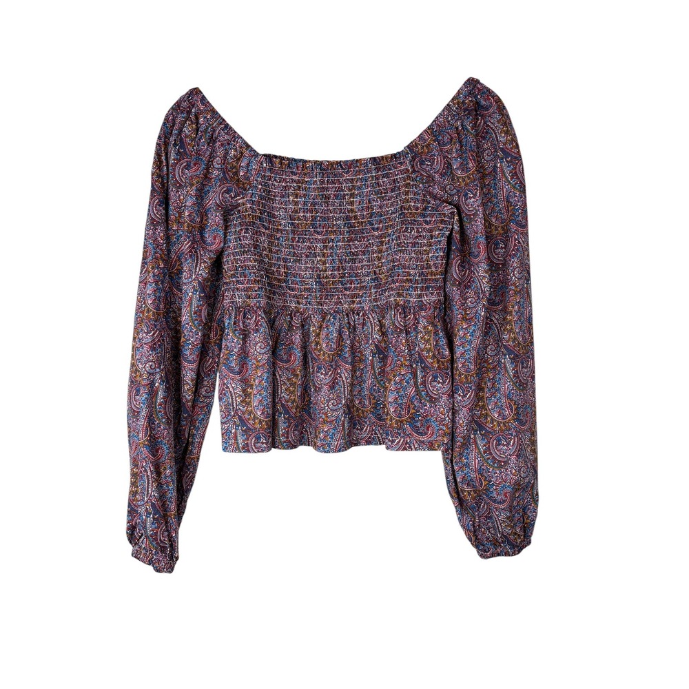 J.Crew Paisley Smocked Peplum Top Womens XS Blue Red Cotton BD819 Boho Top